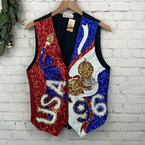 POPPIES EXOTIC CREATION NWT Vintage 1996 Olympics Red White Blue Sequin Vest L
